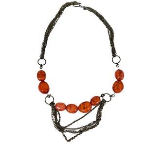 Red Jasper Glass Bead Necklace Multiple Metal Strands Jewelry 11"